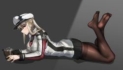 Rule 34 | 1girl, ayakumo, black gloves, blonde hair, blush, breasts, brown pantyhose, capelet, crossed ankles, feet, feet up, gloves, graf zeppelin (kancolle), grey eyes, hair between eyes, hat, jacket, jewelry, kantai collection, large breasts, long hair, looking at viewer, lying, military, military uniform, miniskirt, necktie, on stomach, pantyhose, peaked cap, profile, ring, sidelocks, simple background, single glove, skirt, smile, solo, the pose, thighband pantyhose, tsurime, twintails, uniform, wedding band