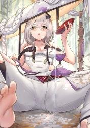 Rule 34 | 1girl, armor, bodysuit, breasts, clothing cutout, covered navel, cup, feet, goddess of victory: nikke, grey hair, hat, highres, holding, holding cup, japanese armor, jingasa, kote, large hat, leotard, long hair, medium breasts, open mouth, outdoors, sakazuki, scarlet (nikke), shoulder armor, sitting, sode, solo, spilling, spread legs, sword, weapon, white bodysuit, white leotard, yellow eyes, yougenko