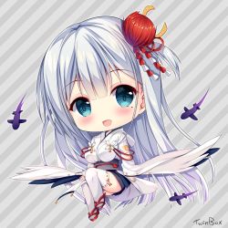 Rule 34 | 1girl, :d, aqua eyes, azur lane, chibi, commentary request, eyeliner, hair ornament, japanese clothes, long hair, looking at viewer, makeup, mole, mole under eye, open mouth, shoukaku (azur lane), smile, solo, sousouman, thighhighs, white hair, white thighhighs, wide sleeves, zettai ryouiki