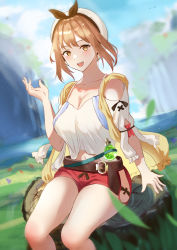 Rule 34 | 1girl, :d, arm support, atelier (series), atelier ryza, atelier ryza 1, belt, blurry, blurry background, breasts, brown belt, brown eyes, brown hair, cleavage, collarbone, falling leaves, flask, hand up, highres, jacket, large breasts, leaf, looking at viewer, midriff peek, migsy, navel, off-shoulder shirt, off shoulder, open mouth, outdoors, red shorts, reisalin stout, shirt, short hair, short shorts, shorts, sitting on tree stump, sleeveless, sleeveless jacket, smile, solo, thighs, white headwear, white shirt, white sleeves, yellow jacket
