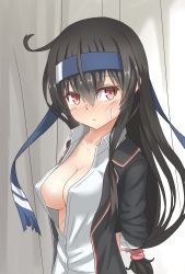 Rule 34 | 1girl, alternate breast size, arms behind back, black hair, black legwear, blazer, blue headband, breasts, cleavage, commentary request, cowboy shot, curtains, hair between eyes, hatsushimo (kancolle), hatsushimo kai ni (kancolle), headband, highres, jacket, kantai collection, long hair, looking at viewer, low-tied long hair, medium breasts, no bra, open clothes, solo, umino ht, upper body