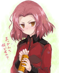 Rule 34 | 10s, 1girl, brown eyes, can, closed mouth, coffee, commentary request, epaulettes, flying sweatdrops, georgia max coffee, girls und panzer, holding, jacket, light frown, long sleeves, looking at viewer, military, military uniform, parted bangs, red hair, red jacket, rosehip (girls und panzer), short hair, smile, solo, st. gloriana&#039;s military uniform, standing, sweatdrop, translated, uniform, yumesato makura