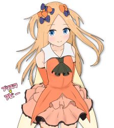 Rule 34 | abigail williams (fate), atsumisu, bad id, bad pixiv id, bare shoulders, blonde hair, blue bow, blue eyes, blush, bow, brown skirt, closed mouth, commentary request, cosplay, detached sleeves, fate/grand order, fate/kaleid liner prisma illya, fate (series), forehead, hair bow, highres, layered skirt, long hair, orange bow, orange shirt, orange sleeves, parted bangs, pleated skirt, polka dot, polka dot bow, shirt, skirt, sleeveless, sleeveless shirt, smile, solo, star (symbol), two side up, very long hair, white background