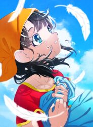 Rule 34 | angel feathers, black hair, blue eyes, cloud, cloudy sky, crying, dragon ball, dragon ball gt, grandfather and granddaughter, highres, holding another&#039;s clothes, pan (dragon ball), sky, son goku, tagme