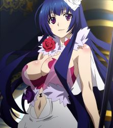 Rule 34 | 10s, 1girl, blue hair, breasts, cleavage, flower, highres, large breasts, long hair, madan no ou to vanadis, navel, purple eyes, red flower, red rose, rose, screencap, solo, standing, stitched, third-party edit, valentina glinka estes, very long hair, white flower, white rose