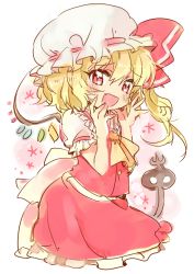 Rule 34 | 1girl, :d, ascot, blonde hair, blush, fang, flandre scarlet, gradient background, hat, long hair, open mouth, red eyes, red skirt, side ponytail, sketch, skirt, smile, solo, touhou, wings, yukko