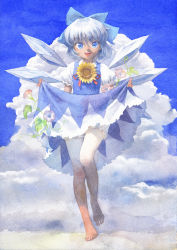 Rule 34 | 1girl, barefoot, bloomers, blue eyes, bow, cirno, cloud, colored skin, commentary, day, dress, flower, full body, graphite (medium), hair bow, hidden star in four seasons, ice, ice wings, looking at viewer, misawa hiroshi, open mouth, painting (medium), photoshop (medium), puffy short sleeves, puffy sleeves, short hair, short sleeves, skirt hold, sky, smile, solo, sunflower, tan, tanline, tanned cirno, texture, touhou, traditional media, underwear, watercolor (medium), white skin, wings