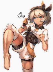 Rule 34 | 1girl, absurdres, bad id, bad pixiv id, barefoot, bea (pokemon), black bodysuit, black hairband, blonde hair, blue eyes, bodysuit, bodysuit under clothes, bow hairband, clenched hand, closed mouth, collared shirt, commentary request, covered abs, creatures (company), dark-skinned female, dark skin, dynamax band, eyelashes, fueto hiroki, game freak, gloves, gym leader, hair between eyes, hairband, highres, knee pads, leg up, nintendo, partially fingerless gloves, pokemon, pokemon swsh, print shirt, print shorts, shirt, short hair, short sleeves, shorts, single glove, solo, tied shirt, toes