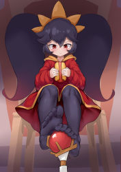 Rule 34 | 1girl, absurdres, aomoro, ashley (warioware), black hair, blush, chair, feet, female focus, highres, hot dog, long hair, looking at viewer, nintendo, no shoes, pantyhose, red eyes, sexually suggestive, sitting, solo, toes, twintails, warioware