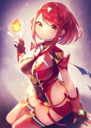 Rule 34 | 1girl, black gloves, bob cut, breasts, chest jewel, earrings, fingerless gloves, fire, gem, gloves, headpiece, highres, jewelry, large breasts, pyra (xenoblade), red eyes, red hair, red shorts, red thighhighs, rindoriko, short hair, short shorts, shorts, solo, swept bangs, thighhighs, tiara, xenoblade chronicles (series), xenoblade chronicles 2