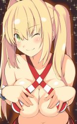 Rule 34 | &gt;;), 1girl, ahoge, bare shoulders, bikini, blonde hair, blush, breasts, closed mouth, criss-cross halter, fate/grand order, fate (series), green eyes, hair intakes, halterneck, large breasts, leaning forward, looking at viewer, navel, nero claudius (fate), nero claudius (fate) (all), nero claudius (swimsuit caster) (fate), paizuri invitation, smile, solo, striped bikini, striped clothes, swimsuit, tenpesuto, twintails, upper body, v-shaped eyebrows