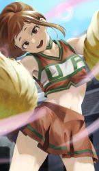 Rule 34 | 1girl, :d, absurdres, boku no hero academia, brown hair, cheerleader, choker, clothes writing, crop top, day, fengling (furin-jp), highres, holding, holding pom poms, light rays, looking at viewer, midriff, official alternate costume, open mouth, outdoors, pleated skirt, pom pom (cheerleading), pom poms, shirt, short hair, sidelocks, skirt, sleeveless, sleeveless shirt, smile, solo, standing, teeth, upper teeth only, uraraka ochako