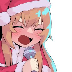 Rule 34 | 1girl, aisaka taiga, blush, brown hair, closed eyes, commentary, fur-trimmed headwear, fur trim, hat, holding, holding microphone, long hair, microphone, open mouth, pom pom (clothes), santa costume, santa hat, simple background, solo, symbol-only commentary, toradora!, upper body, viroa, white background