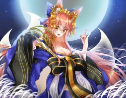 Rule 34 | 1girl, animal ear fluff, animal ears, breasts, cleavage, collarbone, crown, fang, fate/grand order, fate (series), fox ears, fox girl, fox shadow puppet, fox tail, full moon, japanese clothes, large breasts, long hair, looking at viewer, moon, official alternate costume, open mouth, pink hair, solo, tail, tamamo (fate), tamamo no mae (fate/extra), tamamo no mae (third ascension) (fate), trudy0816, yellow eyes