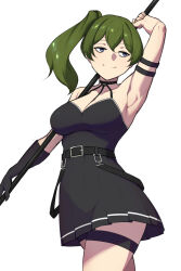 Rule 34 | 1girl, arm behind head, arm up, armpits, black choker, black gloves, black skirt, breasts, choker, commentary, english commentary, gloves, green hair, highres, holding, holding polearm, holding weapon, large breasts, looking to the side, o-ring, o-ring choker, pleated skirt, polearm, purple eyes, side ponytail, single glove, skirt, smile, solo, sousou no frieren, spear, spottylen, standing, suspenders hanging, thigh strap, thighs, ubel (sousou no frieren), weapon