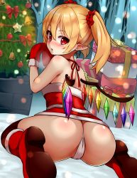 Rule 34 | 1girl, alternate hairstyle, ass, bare arms, bare shoulders, bell, black thighhighs, blonde hair, blush, boots, bow, box, breath, chiroshiron, christmas tree, commentary request, crystal, dress, flandre scarlet, from behind, gift, gift box, hair between eyes, hair ornament, hair scrunchie, halterneck, hands up, highres, long hair, looking at viewer, microdress, mittens, nose blush, panties, parted lips, pointy ears, red bow, red dress, red eyes, red footwear, red scrunchie, scrunchie, sidelocks, sitting, solo, thighhighs, thighs, touhou, twintails, underwear, wariza, white panties, wings