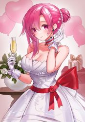 Rule 34 | 1girl, azur lane, bad id, bad pixiv id, bare shoulders, black prince (azur lane), black prince (pop the cork) (azur lane), blush, box, breasts, cleavage, closed mouth, collarbone, commentary request, cup, dress, drinking glass, earrings, flower, gloves, hair ornament, hairclip, hand up, highres, holding, holding cup, jewelry, kiki-yu, long hair, looking at viewer, medium breasts, pink eyes, pink hair, simple background, smile, solo, table, vase, white dress, white gloves, wine glass