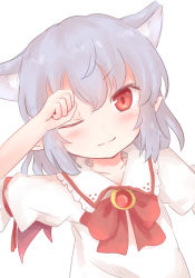 Rule 34 | 1girl, ;3, animal ears, blush, brooch, cat ears, extra ears, jewelry, light purple hair, one eye closed, red eyes, remilia scarlet, shize (coletti), solo, touhou, white background