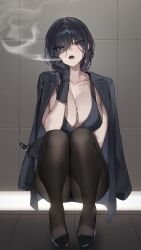 Rule 34 | 1girl, absurdres, bara (03 bara ), black footwear, black gloves, black hair, black jacket, black pantyhose, blue eyes, breasts, cigarette, cleavage, collarbone, electronic cigarette, gloves, hair over one eye, head on hand, head rest, highres, holding, holding cigarette, jacket, jacket on shoulders, jewelry, large breasts, looking at viewer, necklace, open mouth, original, pantyhose, shoes, smoking, solo, squatting, yokoyama ishimi