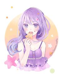 Rule 34 | 1girl, bad id, bad twitter id, bare arms, bare shoulders, blue eyes, blue hair, blush, breasts, cleavage, commentary request, cookie, dress, food, holding, holding food, long hair, looking at viewer, medium breasts, millcutto, open mouth, original, purple dress, solo, star (symbol), twitter username