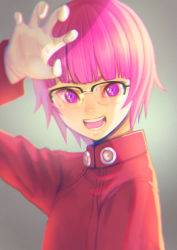 Rule 34 | 1girl, :d, black-framed eyewear, blunt bangs, bob cut, coat, ezaki purin, ghost in the shell, ghost in the shell: sac 2045, glasses, gloves, grey background, jj (ssspulse), long sleeves, looking at viewer, open mouth, over-rim eyewear, pink hair, red coat, red eyes, semi-rimless eyewear, short hair, smile, solo, upper body, white gloves