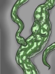 Rule 34 | 1girl, inside creature, kaname (artist), simple background, snake, solo, stomach bulge, tail, vore