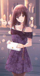 Rule 34 | 1girl, bare shoulders, blush, brown eyes, brown hair, brown pantyhose, collarbone, dress, floral print, highres, jewelry, long hair, looking at viewer, nagidango, necklace, off-shoulder dress, off shoulder, original, pantyhose, parted lips, purple dress, solo, standing, white bag