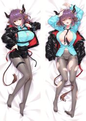 Rule 34 | 1girl, animal ears, arknights, arms up, bed sheet, belt, between breasts, black jacket, black necktie, black pantyhose, black skirt, blue shirt, blush, breasts, closed mouth, collared shirt, commentary request, cow ears, cow horns, cow tail, crotch seam, dakimakura (medium), dress shirt, embarrassed, full body, grey pantyhose, hair between eyes, horns, jacket, large breasts, looking at viewer, lying, miniskirt, moeanime, necktie, necktie between breasts, on back, open clothes, open jacket, open shirt, panties, panties under pantyhose, pantyhose, purple hair, shirt, short hair, sideroca (arknights), simple background, skirt, solo, spread legs, tail, thighband pantyhose, torn clothes, torn legwear, torn pantyhose, unbuttoned, underwear, utility belt, wavy mouth, wing collar, yellow eyes