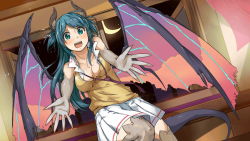 Rule 34 | 1girl, artist request, blue eyes, blue hair, blush, breasts, chione (monster musume), cleavage, cracked skin, game cg, horns, indoors, long hair, looking at viewer, loose necktie, medium breasts, monster girl, monster musume no iru nichijou, monster musume no iru nichijou online, moon, necktie, official art, open mouth, outstretched arms, pleated skirt, shirt, skirt, sleeveless, sleeveless shirt, solo, tail, thighhighs, white skirt, window, wings, yellow shirt, zettai ryouiki