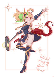Rule 34 | 1girl, absurdres, amausagi set, arm strap, asymmetrical clothes, black dress, black gloves, black legwear, blonde hair, breasts, cleft of venus, dress, duel monster, gloves, green hair, hagoita, highres, holding, holding staff, mage staff, medium breasts, multicolored hair, new year, no panties, paddle, pointy ears, purple eyes, pussy, sevens road witch, staff, yu-gi-oh!, yu-gi-oh! sevens