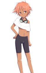 Rule 34 | 1990s (style), 1girl, androgynous, bike shorts, brown eyes, child, cowboy bebop, dark-skinned female, dark skin, edward wong hau pepelu tivrusky iv, female focus, flat chest, goggles, goggles around neck, hand on own hip, hip focus, level.21, light smile, midriff, navel, off shoulder, orange hair, red hair, retro artstyle, reverse trap, short hair, simple background, smile, solo, tan, white background