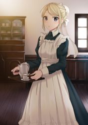 Rule 34 | 1girl, absurdres, apron, black dress, blonde hair, bun cover, cabinet, cup, dress, highres, holding, holding tray, indoors, long sleeves, looking at viewer, maid, maid apron, original, puffy long sleeves, puffy sleeves, short hair, solo, standing, teacup, teapot, tray, window, wooden floor, z hiiragi