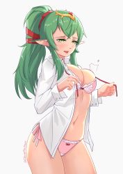 Rule 34 | 1girl, aged up, artist name, blush, bow, bow bra, bow panties, bra, breasts, chungmechanic, cleavage, collared shirt, commentary request, cowboy shot, crossed bangs, fire emblem, fire emblem awakening, flying button, green eyes, green hair, hair over shoulder, highres, large breasts, long hair, long sleeves, motion blur, navel, nintendo, open clothes, open shirt, panties, pink bra, pink panties, pointy ears, ponytail, popped button, red ribbon, ribbon, shirt, side-tie panties, solo, tiara, tiki (adult) (fire emblem), tiki (fire emblem), underwear, white background, white shirt