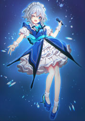 Rule 34 | 1girl, ;d, alternate costume, arm up, black bow, blue background, blue bow, blue bowtie, blue dress, blue eyes, blue footwear, blue nails, blue ribbon, blush, bow, bowtie, braid, breasts, commentary request, dress, eyelashes, frilled sleeves, frills, full body, hair ribbon, high heels, highres, holding, holding microphone, izayoi sakuya, kyouda suzuka, light particles, looking at viewer, maid, maid headdress, medium breasts, medium hair, microphone, nail polish, one eye closed, open mouth, outstretched arm, puffy short sleeves, puffy sleeves, ribbon, short sleeves, side braid, sidelocks, silver hair, smile, socks, solo, touhou, tress ribbon, twin braids, twintails, twitter username, white socks, wrist cuffs