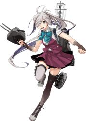 Rule 34 | 1girl, adapted turret, ahoge, asashimo (kancolle), asashimo kai ni (kancolle), asymmetrical legwear, blouse, boots, bow, bowtie, brown thighhighs, cannon, cross-laced footwear, fingerless gloves, fujikawa, full body, gloves, grey eyes, grey hair, grey thighhighs, grin, hair over one eye, jacket, kantai collection, lace-up boots, long hair, looking at viewer, machinery, mast, mismatched legwear, official art, pleated skirt, ponytail, school uniform, sharp teeth, shirt, short sleeves, skirt, smile, solo, teeth, thighhighs, transparent background, turret, vest, white shirt