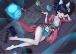 Rule 34 | animal ears, bare legs, barefoot, black hair, breasts, cleavage cutout, clothing cutout, collarbone, daidailong, eyeshadow, fox ears, fox mask, hair ornament, hakujaden, hime cut, kitsune, looking at viewer, lying, makeup, mask, small breasts, snake, solo, tatami, thighs, white snake