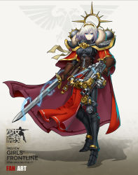Rule 34 | .75 calibre bolt, 1girl, absurdres, adepta sororitas, anti-materiel cartridge, armor, backpack, bag, blue eyes, bolt (warhammer 40k), bolter, bow (weapon), cape, commentary request, crossbow, drum magazine, fleur-de-lis, full body, girls&#039; frontline, gun, hairband, high-explosive cartridge, highres, looking at viewer, magazine (weapon), moonface, pauldrons, power armor, purity seal, rocket-assisted projectile, serious, shoulder armor, skull, solo, sword, warhammer 40k, weapon, white hair, window magazine