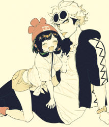 Rule 34 | 1boy, 1girl, :d, age difference, arm support, beanie, claw pose, closed eyes, collarbone, creatures (company), eyewear on head, game freak, guzma (pokemon), hat, highres, hood, hood down, jacket, looking at viewer, monochrome, nintendo, open clothes, open jacket, open mouth, pants, pokemon, pokemon sm, red footwear, red headwear, selene (pokemon), shirt, short hair, short shorts, short sleeves, shorts, sitting, smile, spot color, sunglasses, t-shirt, tied shirt, tongue, tongue out, watch, wristwatch, zuizi