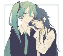 Rule 34 | 2girls, :3, black eyes, black sailor collar, black sweater, black sweater vest, blue eyes, blue hair, blue necktie, blush, closed mouth, collared shirt, dot mouth, hair between eyes, hatsune miku, highres, hoshino ichika (project sekai), inset border, leaning on person, leaning to the side, long hair, long sleeves, looking at viewer, multiple girls, necktie, one eye closed, outside border, project sekai, ritzchrono, sailor collar, shirt, sidelocks, simple background, smile, sweater, sweater vest, tie clip, twintails, upper body, very long hair, vocaloid, white background, white shirt