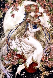 Rule 34 | 1girl, absurdres, barefoot, blonde hair, braid, branch, choker, detached sleeves, dress, eyebrows, flower, food, fruit, full body, full moon, gem, hair flower, hair ornament, highres, holding, holding food, holding fruit, huge filesize, long hair, long sleeves, looking at viewer, moon, original, parted lips, pearl (gemstone), petals, pomegranate, purple eyes, scan, shiitake (gensoudou), sitting, smile, solo, very long hair, white dress, yonic symbol
