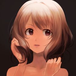 Rule 34 | 10s, 1girl, bare shoulders, black background, brown eyes, brown hair, fingernails, hand in own hair, idolmaster, idolmaster cinderella girls, long fingernails, looking to the side, lvetica, nagatomi hasumi, parted lips, portrait, short hair, simple background, sketch, solo, swept bangs