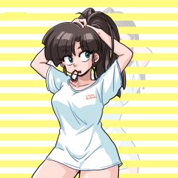 Rule 34 | 1girl, adjusting hair, blue eyes, brown hair, casual, cowboy shot, hair tie, kuonji ukyou, long hair, looking to the side, mouth hold, no pants, print shirt, ranma 1/2, shirt, short sleeves, solo, standing, striped, striped background, t-shirt, tying hair, wanta (futoshi), white shirt, yellow background