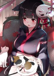 Rule 34 | 1girl, absurdres, animal ears, azur lane, black hair, black kimono, blush, breasts, cat, cat ears, commentary request, cotton kanzaki, floral print, highres, indoors, japanese clothes, kimono, large breasts, long sleeves, mask, mask on head, open mouth, red eyes, short hair, sideboob, sitting, smile, solo, thighhighs, white thighhighs, wide sleeves, yamashiro (azur lane)