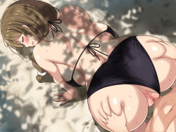 Rule 34 | 1boy, 1girl, all fours, anus, ass, ass grab, back, backboob, bare arms, bare legs, bare shoulders, bikini, bikini bottom only, black bikini, blast (lyricbox), blush, breasts, brown hair, censored, doggystyle, closed eyes, from above, highres, large breasts, legs, long hair, lyricbox, mosaic censoring, onee-san to natsu yasumi, open mouth, original, outdoors, penis, pussy, sand, sex, sex from behind, shadow, smile, solo focus, sweat, swimsuit, thighs, vaginal
