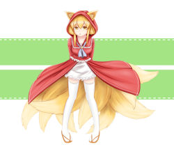 Rule 34 | 1girl, :o, animal ears, blonde hair, carlo (dageonater), cosplay, fox ears, fox tail, little red riding hood, little red riding hood (grimm), little red riding hood (grimm) (cosplay), multiple tails, original, sandals, tabi, tail, thighhighs, yellow eyes