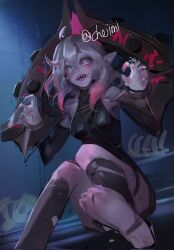 Rule 34 | 1girl, ahoge, bare shoulders, briar (league of legends), chained wrists, colored sclera, detached sleeves, fingernails, grey hair, hair between eyes, highres, league of legends, long hair, looking at viewer, multicolored hair, open mouth, pink hair, pink nails, pointy ears, sharp fingernails, sharp teeth, smile, solo, syami (choiimi), teeth, two-tone hair