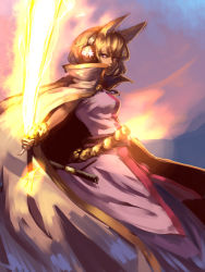 Rule 34 | 1girl, animal ears, cape, closed mouth, dress, flaming sword, flaming weapon, headphones, holding, holding sword, holding weapon, inishie kumo, looking at viewer, pinky out, purple cape, purple dress, sash, short hair, solo, standing, sword, touhou, toyosatomimi no miko, weapon