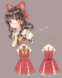 Rule 34 | 1girl, :&lt;, adapted costume, blush, bow, bowtie, brown eyes, brown hair, character name, dress, eyebrows, finger to own chin, flower, frilled shirt collar, frills, grey background, hair bow, hair flower, hair ornament, hair tubes, hakurei reimu, hand up, jiinyo (awamoe1207), large bow, long hair, plaid, plaid bow, ponytail, puffy short sleeves, puffy sleeves, red bow, school uniform, serafuku, short sleeves, simple background, solo, thinking, touhou, yellow bow, yellow bowtie