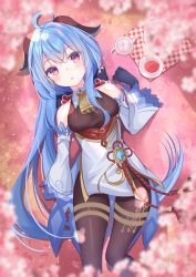 Rule 34 | 1girl, :o, absurdres, ahoge, alternate hairstyle, bare shoulders, bell, black legwear, blue gloves, blue hair, blush, bow, breasts, cherry blossoms, chinese knot, commission, cup, detached sleeves, flower knot, ganyu (genshin impact), genshin impact, gloves, gold trim, highres, horns, long hair, looking at viewer, lying, medium breasts, nayuuchan, neck bell, on back, parted lips, pelvic curtain, pixiv commission, purple eyes, red rope, rope, sidelocks, solo, tassel, tea, thighlet, thighs, vision (genshin impact), waist cape, white sleeves, wide sleeves