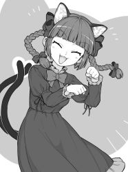 Rule 34 | 1girl, animal ears, black bow, blunt bangs, blush, bow, bowtie, braid, cat ears, cat tail, clenched hands, closed eyes, dress, extra ears, fang, green background, green dress, greyscale, hair bow, hands up, kaenbyou rin, long hair, long sleeves, monochrome, multiple tails, oninamako, open mouth, paw pose, red bow, red bowtie, red hair, smile, solo, tail, touhou, twin braids, twintails, two tails